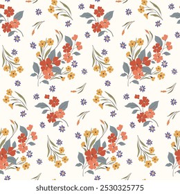 Padrão floral sem costura, impressão ditsy liberdade, ornamento abstrato de plantas desenhadas à mão pequena, flores vermelhas, ramos minúsculos, buquês, folhas. Design botânico romântico em motivos populares. Ilustração vetorial.