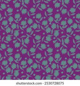 Patrón floral sin fisuras, impresión ditsy de la libertad con la botánica Grande linda en estilo popular retro. Hermoso diseño botánico de plantas silvestres dibujadas a mano: flores, hojas sobre fondo negro. Ilustración vectorial.