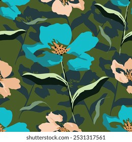 Patrón floral sin fisuras, impresión ditsy de la libertad con la botánica Grande linda en estilo popular retro. Hermoso diseño botánico de plantas silvestres dibujadas a mano: flores, hojas sobre fondo negro. Ilustración vectorial.