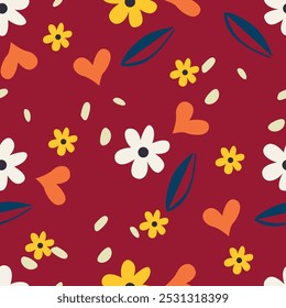 Seamless floral pattern, liberty ditsy print with cute large botany in retro folk style. Beautiful botanical design of hand drawn wild plants: flowers, leaves on black background. Vector illustration.