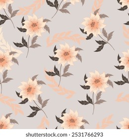 Nahtloses Blumenmuster, schmutziger Freiheitsdruck mit süßer großer Botanik im Retro-Folk-Stil. Schönes botanisches Design von handgezeichneten Wildpflanzen: Blumen, Blätter auf schwarzem Hintergrund. Vektorgrafik.