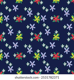 Padrão floral contínuo, liberdade ditsy impressão com grande botânica bonito no estilo folk retro. Belo desenho botânico de plantas selvagens desenhadas à mão: flores, folhas no fundo preto. Ilustração vetorial.