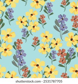 Padrão floral contínuo, liberdade ditsy impressão com grande botânica bonito no estilo folk retro. Belo desenho botânico de plantas selvagens desenhadas à mão: flores, folhas no fundo preto. Ilustração vetorial.