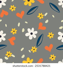 Patrón floral sin fisuras, impresión ditsy de la libertad con la botánica Grande linda en estilo popular retro. Hermoso diseño botánico de plantas silvestres dibujadas a mano: flores, hojas sobre fondo negro. Ilustración vectorial.