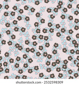 Seamless floral pattern, liberty ditsy print with cute large botany in retro folk style. Beautiful botanical design of hand drawn wild plants: flowers, leaves on black background. Vector illustration.