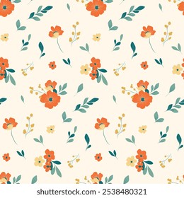 Seamless floral pattern, liberty ditsy print, abstract flower ornament in little folk motif. Elegant botanical design: red hand drawn wild flowers,  small leaves, simple bouquets. Vector illustration.