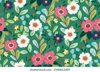 Patrón floral sin fisuras, impresión sucia de la libertad de las flores bonitas de la historieta. Lindo diseño botánico, prado de verano: Grandes y Pequeñas flores dibujadas a mano, hojas en un campo verde. Ilustración vectorial colorida.