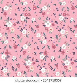 Seamless floral pattern, liberty ditsy print, abstract ornament of mini simple plants. Cute botanical design: small hand drawn flowers, tiny leaves, romantic bouquets, pink field. Vector illustration.