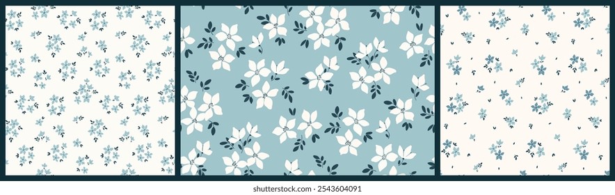 Seamless floral pattern, liberty ditsy print, abstract ornament in gentle spring motif. Simple cute botanical design: small hand drawn white flowers, tiny leaves, bouquets on blue. Vector illustration