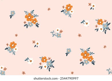 Seamless floral pattern, liberty ditsy print, abstract ornament of mini plants in pretty folk motif. Cute botanical design: small hand drawn flowers, leaves, simple tiny bouquets. Vector illustration.