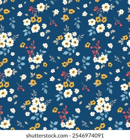 Seamless floral pattern, liberty ditsy print, abstract fond plants in folk motif. Cute botanical design, hand drawn small flowers, tiny leaves, simple bouquets on blue field. Vector illustration.