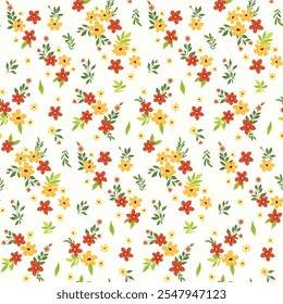 Padrão floral sem costura, impressão de ditsy liberdade, ornamento de azulejos abstratos de miniplantas. Design botânico bonito, flores amarelas e vermelhas desenhadas à mão pequena, folhas minúsculas, buquês simples. Ilustração vetorial.