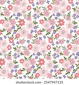 Patrón floral sin fisuras, impresión sucia de la libertad, azulejo abstracto del ornamento del prado suave de la primavera. Lindo diseño botánico en colores pastel, Pequeñas flores de color rosa dibujadas a mano, hojas diminutas. Ilustración vectorial.