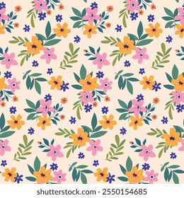 Seamless floral pattern, liberty ditsy print, abstract ornament of colorful summer bouquets. Stylish botanical design: small hand drawn flowers, tiny green leaves, simple bouquets. Vector illustration