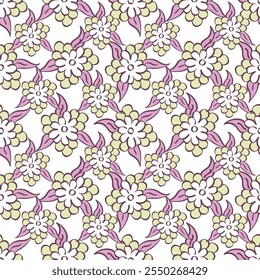 Seamless floral pattern, liberty ditsy print with gently tiny flowers. Cute botanical design, pretty ornament: hand drawn plants, simple small flowers, tiny flowers on a light pink background. Vector