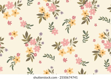 Seamless floral pattern, liberty ditsy print with small hand drawn flowers. Delicate botanical design in country motif: tiny simple flowers, leaves, mini bouquets in abstract. Vector illustration.