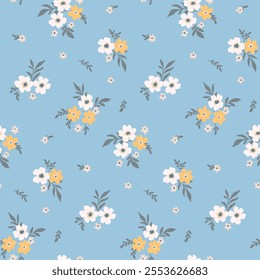 Seamless floral pattern, liberty ditsy fabric, textile print in delicate motif. Romantic botanical design of small hand drawn flowers, tiny leaves, simple mini bouquets on a blue. Vector illustration.