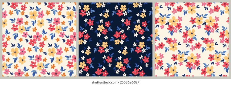 Seamless floral pattern, liberty ditsy print of mini hand drawn colorful plants. Cute botanical fabric, textile design: small flowers, tiny leaves, simple bouquets abstract. Vector illustration.