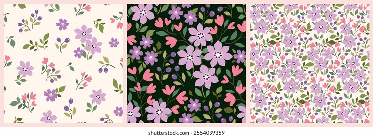 Seamless floral pattern, liberty ditsy print of pretty purple flowers. Cute botanical design: hand drawn wild plants, small flowers, tiny leaves in abstract composition. Vector illustration.