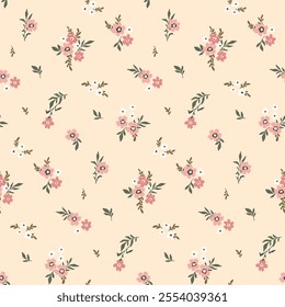 Seamless floral pattern, liberty ditsy print in delicate pastel colors. Cute botanical design: small hand drawn flora, pretty tiny flowers, leaves, simple mini bouquets on light. Vector illustration.