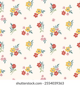 Seamless floral pattern, liberty ditsy print with mini summer bouquets. Cute botanical design: small colorful daisy flowers, tiny leaves, simple hand drawn plants. Vector illustration.
