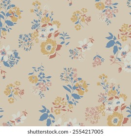 Seamless floral pattern, liberty ditsy print in delicate pastel colors. Pretty botanical design: small hand drawn flowers, little leaves, simple abstract bouquets on a light background. Vector tile.
