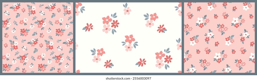 Seamless floral pattern, liberty ditsy print of tiny hand drawn plants. Cute botanical design in delicate colors: small pink daisy flowers, leaves, simple mini bouquets. Vector illustration.