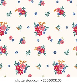 Seamless floral pattern, liberty ditsy print in cute folk motif. Pretty botanical textile, wallpaper design of small hand drawn red flowers, tiny leaves, simple bouquets abstract. Vector illustration.