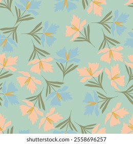 Seamless floral pattern, liberty ditsy with mini daisies in pastel colors. Pretty botanical design for fabric, paper: small hand drawn flowers, tiny leaves on a light background. Vector illustration.