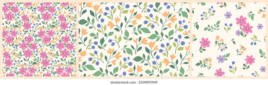 Seamless floral pattern, liberty ditsy print of wild plants in pretty summer motif. Cute botanical design, small hand drawn flowers, tiny green leaves in simple decorative style. Vector illustration.