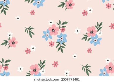 Seamless floral pattern, liberty ditsy print in cute girly style. Pretty botanical design of small hand drawn daisy flowers, tiny leaves, simple bouquets abstract on pink meadow. Vector illustration.