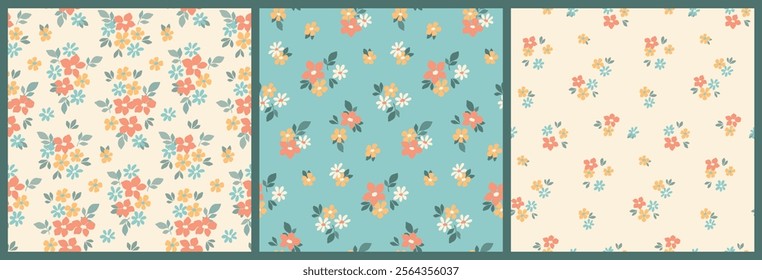 Seamless floral pattern, liberty ditsy print collection. Cute botanical textile, wallpaper design of small pretty flowers, tiny leaves, simple hand drawn plants in mini bouquets. Vector illustration.