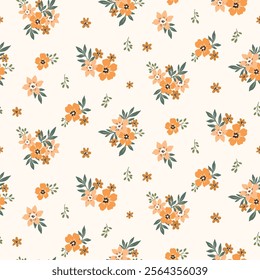 Seamless floral pattern, liberty ditsy print of simple plants, mini bouquets in folk, country motif. Cute botanical design: small yellow flowers, tiny leaves in repeat composition. Vector illustration