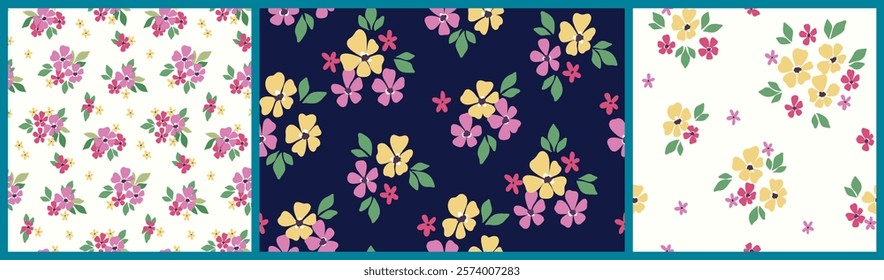 Seamless floral pattern, liberty ditsy print of tiny hand drawn plants. Cute botanical design collection: small flowers, leaves, simple mini bouquets in abstract composition. Vector illustration.