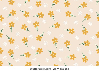 Seamless floral pattern, liberty ditsy print | White daisy flowers | Yellow Groovy flower | Design for pillow, blanket, rug, carpet, fabric, fashion, clothing, wallpaper, accessory	
