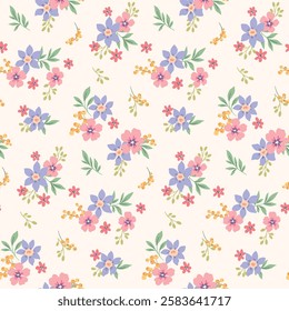 Seamless floral pattern, liberty ditsy print of simple hand drawn plants in romantic spring motif. Cute botanical design of small flowers, leaves, tiny bouquets in pastel colors. Vector illustration.