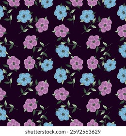 Seamless floral pattern, liberty ditsy print with gently tiny flowers. Cute botanical design, pretty ornament: hand drawn plants, simple small flowers, tiny leaves on a light pink background. Vector.
