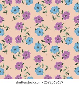 Seamless floral pattern, liberty ditsy print with gently tiny flowers. Cute botanical design, pretty ornament: hand drawn plants, simple small flowers, tiny leaves on a light pink background. Vector.