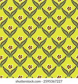 Seamless floral pattern, liberty ditsy print with a delicate spring motif. Cute botanical design: small hand drawn flowers, tiny leaves, simple plants on a white background. Vector illustration.