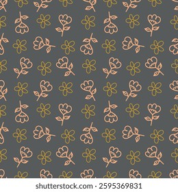 Seamless floral pattern, liberty ditsy print with a delicate spring motif. Cute botanical design: small hand drawn flowers, tiny leaves, simple plants on a white background. Vector illustration.