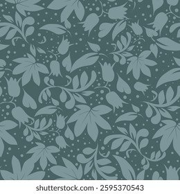 Seamless floral pattern, liberty ditsy print with a delicate spring motif. Cute botanical design: small hand drawn flowers, tiny leaves, simple plants on a white background. Vector illustration.