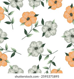 Seamless floral pattern, liberty ditsy print with a delicate spring motif. Cute botanical design: small hand drawn flowers, tiny leaves, simple plants on a white background. Vector illustration.