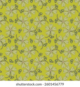 Seamless floral pattern, liberty ditsy print, abstract ornament of simple hand drawn plants. Cute botanical design in folk motif: small daisy flowers, tiny leaves, bouquets. Vector illustration