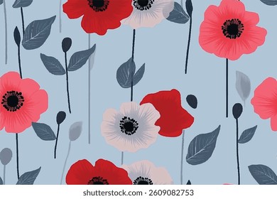 Seamless floral pattern, liberty ditsy print, romantic ornament of mini plants. Cute botanical design: small hand drawn flowers, tiny leaves, simple red bouquets abstract on white. Vector illustration