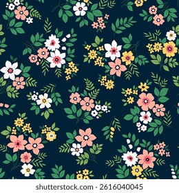 Seamless floral pattern, liberty ditsy print with rustic motif.  Beautiful botanical design for fabric, paper: hand drawn plants, small flowers, tiny leaves on dark blue background. Stock vector print