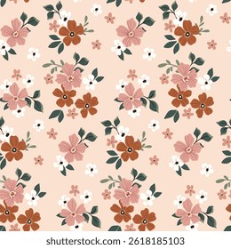 Seamless floral pattern, liberty ditsy print in neutral colors. Pretty botanical design of small hand drawn flowers, tiny leaves, simple bouquets abstract on a beige background. Vector illustration.