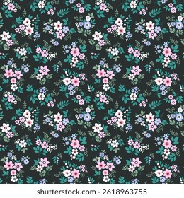 Seamless floral pattern, liberty ditsy print with rustic motif. Romantic botanical design for fabric, paper. Hand drawn flowers. Small pink and blue flowers, tiny leaves on black background. 