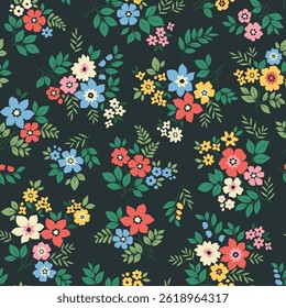 Seamless floral pattern, liberty ditsy print with rustic motif. Beautiful vintage design for fabric, paper: hand drawn plants, small flowers, tiny leaves on dark blue background. Stock vector print