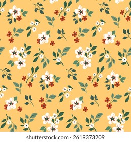 Padrão floral sem emenda, liberdade impressão de ditsy de pequenas plantas desenhadas à mão em composição abstrata. Design botânico bonito, flores brancas minúsculas, folhas, buquês em um fundo amarelo. Ilustração vetorial
