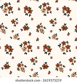 Padrão floral contínuo, liberdade ditsy impressão com minibuquês desenhado à mão. Design botânico bonito de flores pequenas marrons, folhas, pequenos buquês em composição abstrata. Ilustração vetorial.